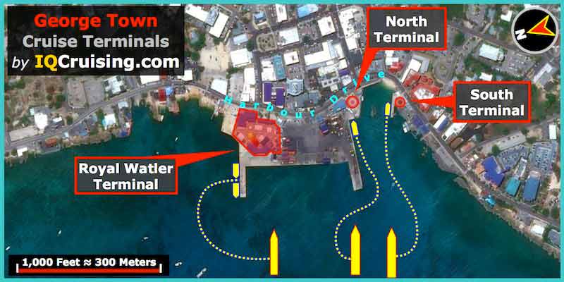 Map of showing the 3 Cruise Terminals in George Town