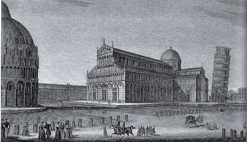 Engraving of Piazza dei Miracoli Pisa Destination of Livorno Cruise Port Photo of engraving of Piazza dei Miracoli Pisa, Tuscany, Italy